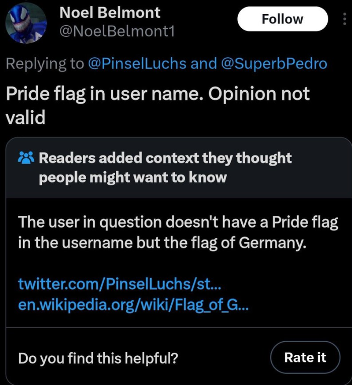 screenshot - Noel Belmont Luchs and Pedro Pride flag in user name. Opinion not valid Readers added context they thought people might want to know The user in question doesn't have a Pride flag in the username but the flag of Germany. twitter.comPinsel Luc